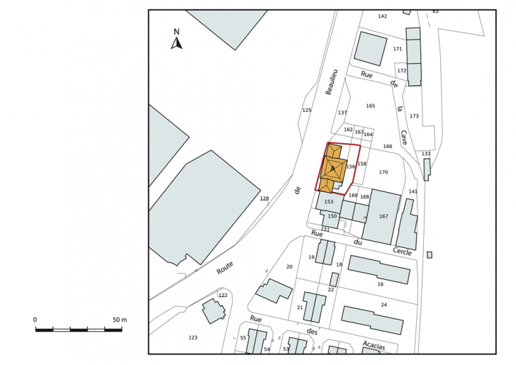 Plan-masse et de situation. Extrait du plan cadastral, 2015, section AP. © Mathias Papigny / Région Bourgogne-Franche-Comté, Inventaire du patrimoine - 2013