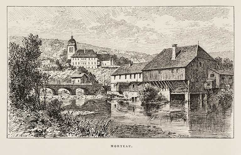 Morteau [l'église, le pont et la scierie Pertusier, depuis le sud], décennie 1880. © Sonia Dourlot / Région Bourgogne-Franche-Comté, Inventaire du patrimoine - 2014
