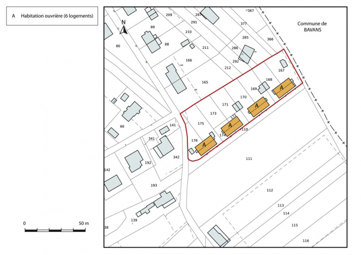 Plan-masse et de situation. Extrait du plan cadastral numérisé, section AE, échelle 1:1000. © Mathias Papigny / Région Bourgogne-Franche-Comté, Inventaire du patrimoine - 2014