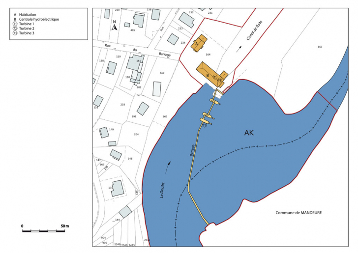 Plan-masse et de situation. Extrait du plan cadastral numérisé, section AK, échelle 1:1250. © Mathias Papigny / Région Bourgogne-Franche-Comté, Inventaire du patrimoine - 2014