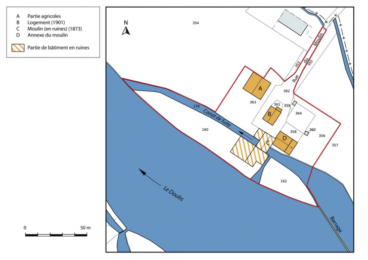 Plan-masse et de situation. Extrait du plan cadastral numérisé, section A, échelle 1:1000. © Mathias Papigny / Région Bourgogne-Franche-Comté, Inventaire du patrimoine - 2014