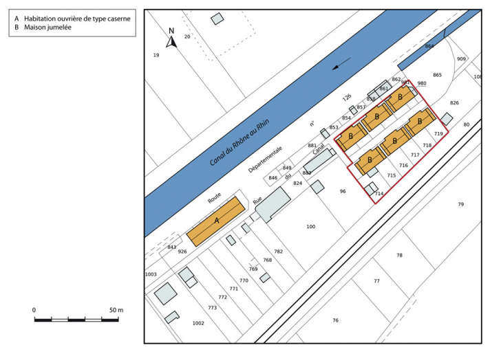 Plan-masse et de situation. Extrait du plan cadastral numérisé, section A, échelle 1:1000. © Mathias Papigny / Région Bourgogne-Franche-Comté, Inventaire du patrimoine - 2014