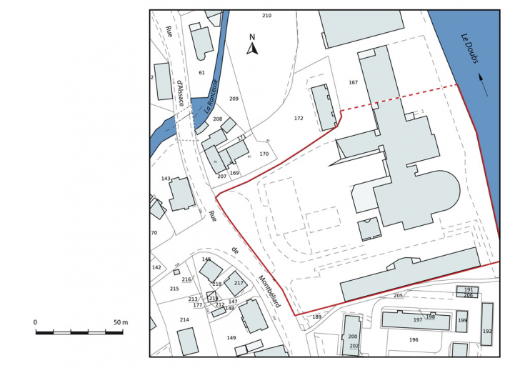 Plan-masse et de situation. Extrait du plan cadastral numérisé, section AL, échelle 1:1000. © Mathias Papigny / Région Bourgogne-Franche-Comté, Inventaire du patrimoine - 2014