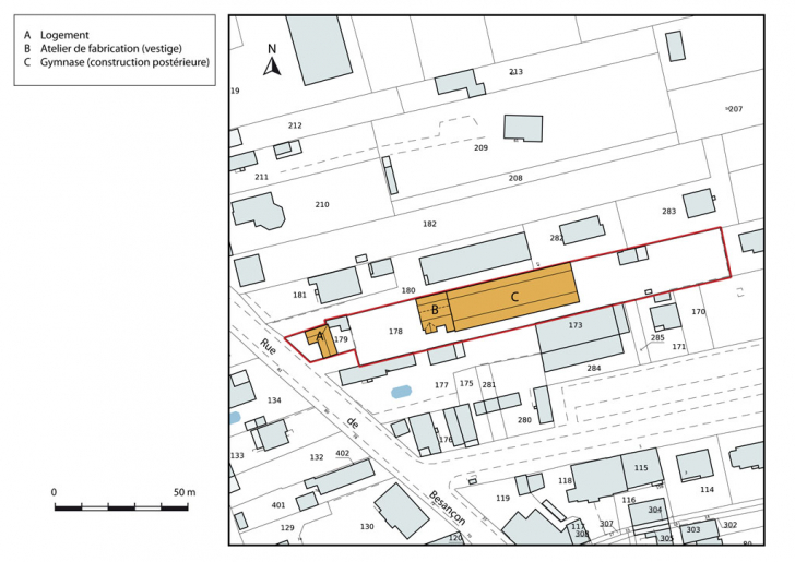 Plan-masse et de situation. Extrait du plan cadastral numérisé, section AS, échelle 1:1000. © Mathias Papigny / Région Bourgogne-Franche-Comté, Inventaire du patrimoine - 2014
