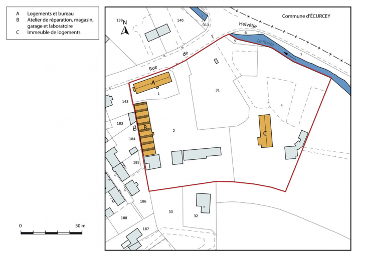 Plan-masse et de situation. Extrait du plan cadastral numérisé, section AN, échelle 1:1000. © Mathias Papigny / Région Bourgogne-Franche-Comté, Inventaire du patrimoine - 2014