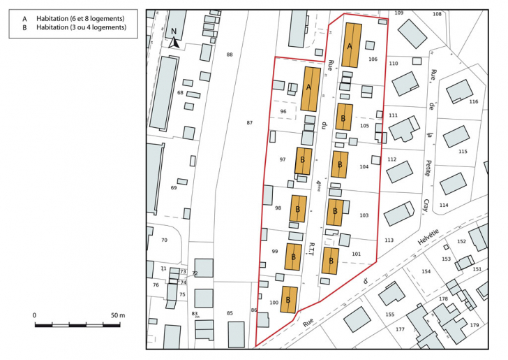 Plan-masse et de situation. Extrait du plan cadastral numérisé, section AM, échelle 1:1000. © Mathias Papigny / Région Bourgogne-Franche-Comté, Inventaire du patrimoine - 2014