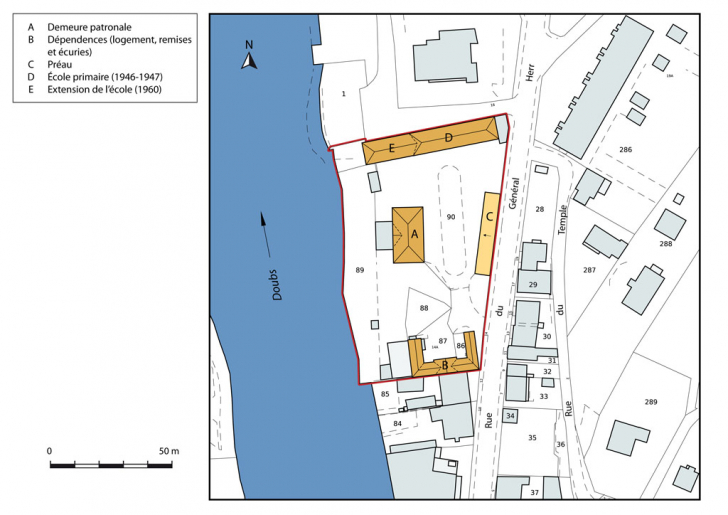 Plan-masse et de situation. Extrait du plan cadastral numérisé, section AO, échelle 1:1000. © Mathias Papigny / Région Bourgogne-Franche-Comté, Inventaire du patrimoine - 2014