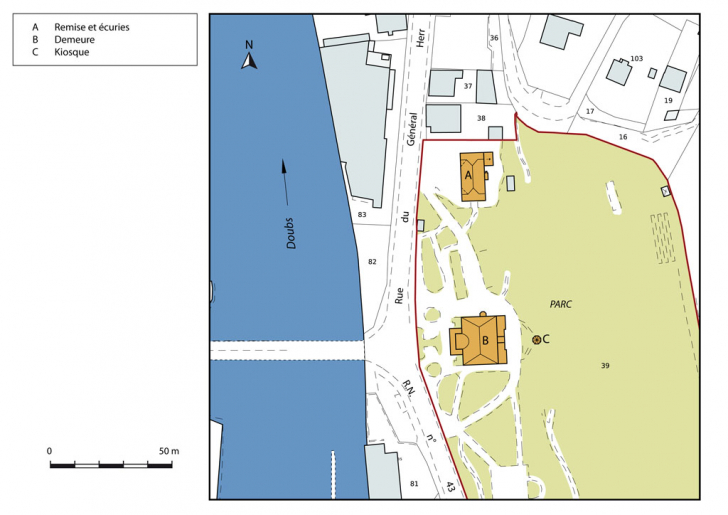 Plan-masse et de situation. Extrait du plan cadastral numérisé, section AO, échelle 1:1000. © Mathias Papigny / Région Bourgogne-Franche-Comté, Inventaire du patrimoine - 2014