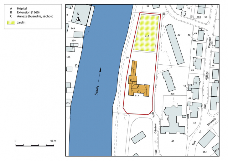 Plan-masse et de situation. Extrait du plan cadastral numérisé, section AM, échelle 1:1000. © Mathias Papigny / Région Bourgogne-Franche-Comté, Inventaire du patrimoine - 2014