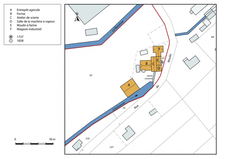 Plan-masse et de situation. Extrait du plan cadastral numérisé, section ZB, échelle 1:1000. © Mathias Papigny / Région Bourgogne-Franche-Comté, Inventaire du patrimoine - 2014