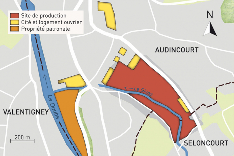 Carte du patrimoine industriel Peugeot (commune d'Audincourt). Fonds cartographique IGN, 2014. © Mathias Papigny / Région Bourgogne-Franche-Comté, Inventaire du patrimoine - 2014