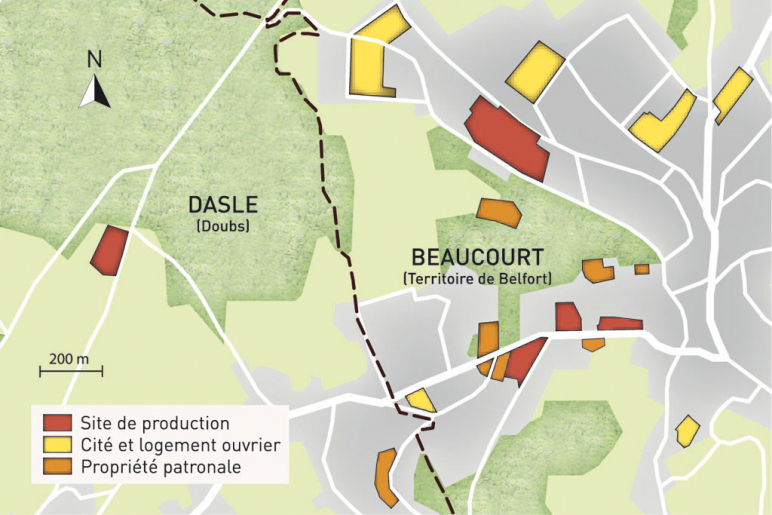 Carte du patrimoine industriel Japy (communes de Dasle et Beaucourt). Fonds cartographique IGN, 2014. © Mathias Papigny / Région Bourgogne-Franche-Comté, Inventaire du patrimoine - 2014