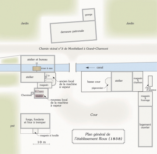 Plan général de l'usine d'horlogerie Roux, dessin. D'après un calque de 1858, échelle 1/100, conservé aux AD Doubs (432 S 6). © Mathias Papigny / Région Bourgogne-Franche-Comté, Inventaire du patrimoine - 2014