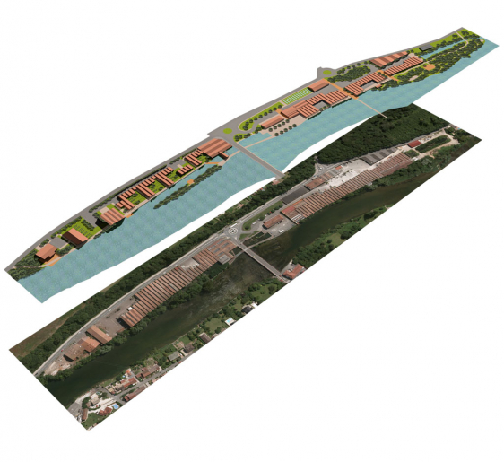 Requalification du site des Rives du Doubs (Valentigney). Etude de faisabilité urbaine, septembre 2013, d'après un projet de l'agence Axis Architecture (Laurent Thomassin et Pierre Duhan). © Mathias Papigny / Région Bourgogne-Franche-Comté, Inventaire du patrimoine - 2014