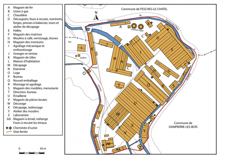 Plan-masse de l'usine en 1895. D'après le plan général de la Casserie, 1895. © Mathias Papigny / Région Bourgogne-Franche-Comté, Inventaire du patrimoine - 2014