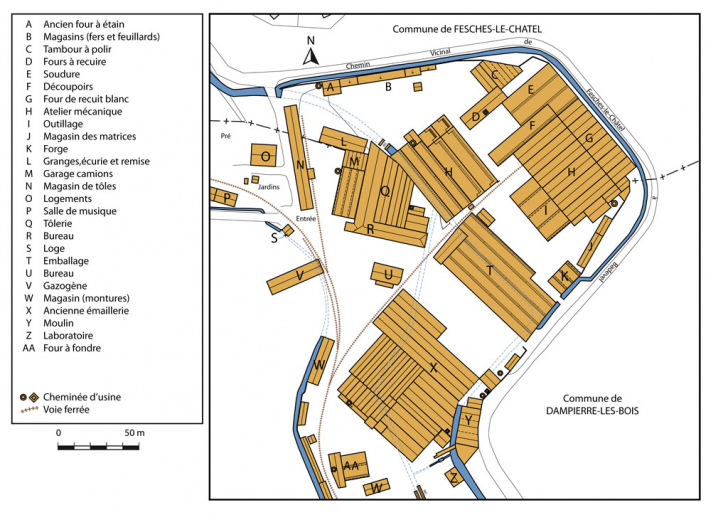 Plan-masse de l'usine en 1939. D'après le plan général de la Casserie, 1939. © Mathias Papigny / Région Bourgogne-Franche-Comté, Inventaire du patrimoine - 2014