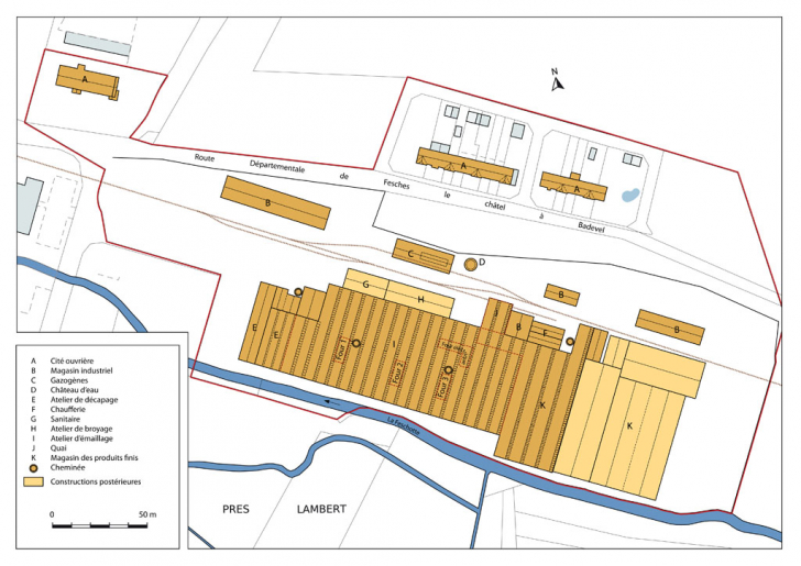 Plan-masse de l'usine en 1967. D'après un extrait du plan cadastral. © Mathias Papigny / Région Bourgogne-Franche-Comté, Inventaire du patrimoine - 2014