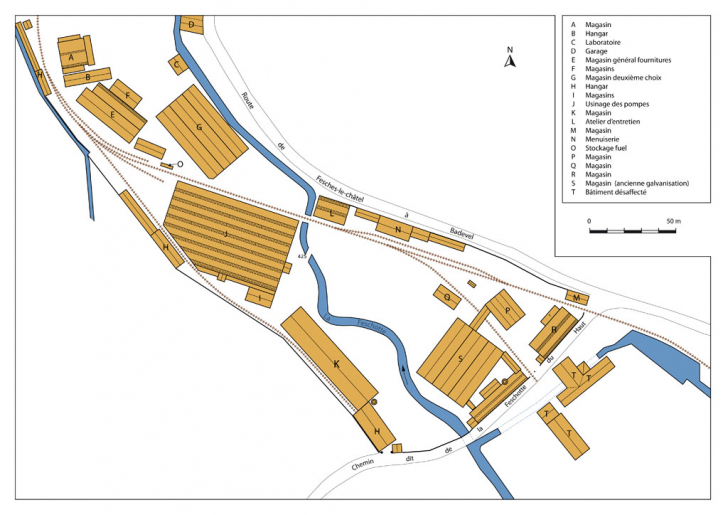 Plan-masse de l'usine en 1977. D'après un extrait du plan cadastral. © Mathias Papigny / Région Bourgogne-Franche-Comté, Inventaire du patrimoine - 2014