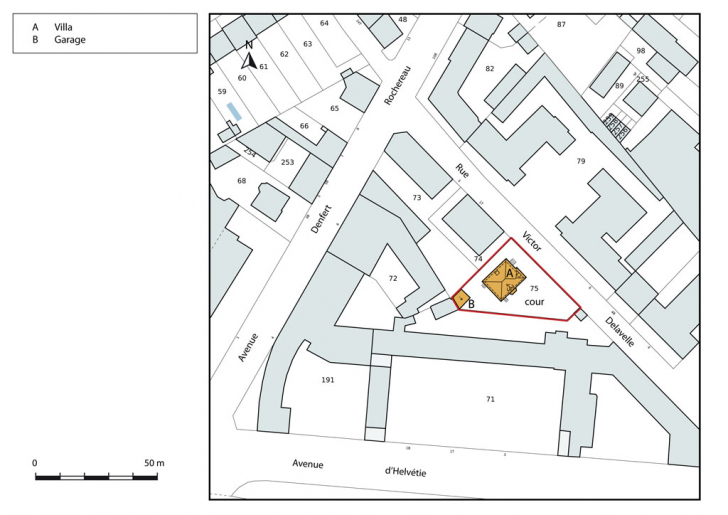 Plan-masse et de situation. Extrait du plan cadastral, 2013, section CW. © Mathias Papigny / Région Bourgogne-Franche-Comté, Inventaire du patrimoine - 2014 Plan-masse et de situation. Extrait du plan cadastral, 2013, section CW. © Mathias Papigny / Région Bourgogne-Franche-Comté, Inventaire du patrimoine - 2014