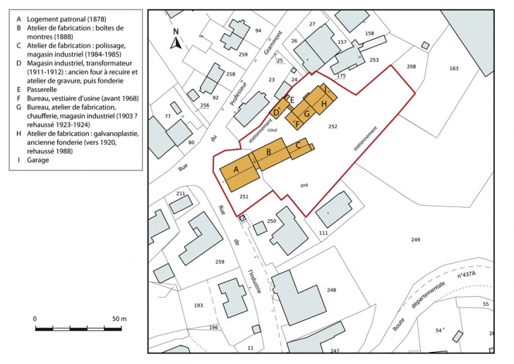 Plan-masse et de situation, avec datation. Extrait du plan cadastral, 2012, section AD. © Mathias Papigny / Région Bourgogne-Franche-Comté, Inventaire du patrimoine - 2014