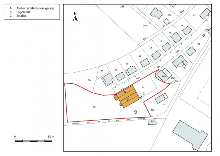 Plan-masse et de situation. Extrait du plan cadastral, 2012, section AB. © Mathias Papigny / Région Bourgogne-Franche-Comté, Inventaire du patrimoine - 2014