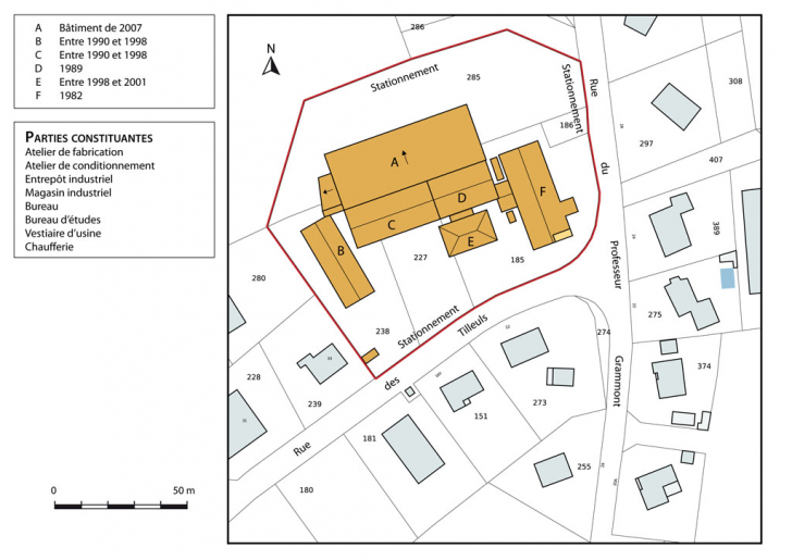 Plan-masse et de situation, avec datation. Extrait du plan cadastral, 2012, section AC. © Mathias Papigny / Région Bourgogne-Franche-Comté, Inventaire du patrimoine - 2014 Plan-masse et de situation, avec datation. Extrait du plan cadastral, 2012, section AC. © Mathias Papigny / Région Bourgogne-Franche-Comté, Inventaire du patrimoine - 2014