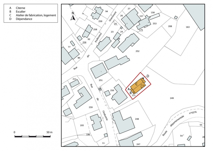 Plan-masse et de situation. Extrait du plan cadastral, 2012, section AD. © Mathias Papigny / Région Bourgogne-Franche-Comté, Inventaire du patrimoine - 2014