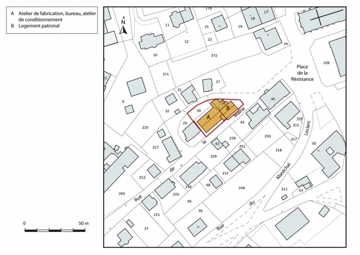 Plan-masse et de situation. Extrait du plan cadastral, 2012, section AE. © Mathias Papigny / Région Bourgogne-Franche-Comté, Inventaire du patrimoine - 2014 Plan-masse et de situation. Extrait du plan cadastral, 2012, section AE. © Mathias Papigny / Région Bourgogne-Franche-Comté, Inventaire du patrimoine - 2014