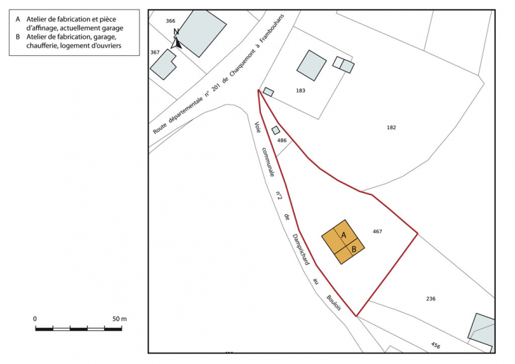 Plan-masse et de situation. Extrait du plan cadastral, 2013, section D. © Mathias Papigny / Région Bourgogne-Franche-Comté, Inventaire du patrimoine - 2014
