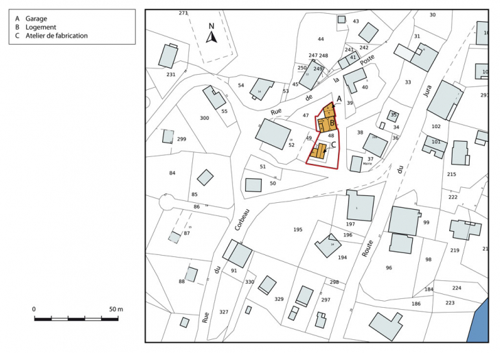 Plan-masse et de situation. Extrait du plan cadastral, 2013, section AC. © Mathias Papigny / Région Bourgogne-Franche-Comté, Inventaire du patrimoine - 2014 Plan-masse et de situation. Extrait du plan cadastral, 2013, section AC. © Mathias Papigny / Région Bourgogne-Franche-Comté, Inventaire du patrimoine - 2014