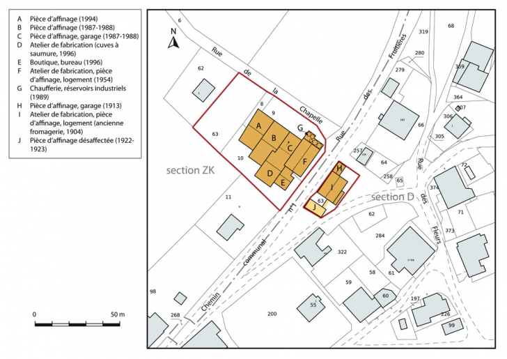 Plan-masse et de situation, avec datation. Extrait du plan cadastral, 2013, sections D et ZK. © Mathias Papigny / Région Bourgogne-Franche-Comté, Inventaire du patrimoine - 2014
