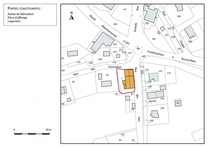 Plan-masse et de situation. Extrait du plan cadastral, 2013, section AE. © Mathias Papigny / Région Bourgogne-Franche-Comté, Inventaire du patrimoine - 2014 Plan-masse et de situation. Extrait du plan cadastral, 2013, section AE. © Mathias Papigny / Région Bourgogne-Franche-Comté, Inventaire du patrimoine - 2014