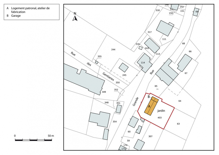 Plan-masse et de situation. Extrait du plan cadastral, 2013, section AC. © Mathias Papigny / Région Bourgogne-Franche-Comté, Inventaire du patrimoine - 2014
