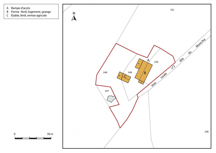 Plan-masse et de situation. Extrait du plan cadastral, 2013, section B. © Mathias Papigny / Région Bourgogne-Franche-Comté, Inventaire du patrimoine - 2014