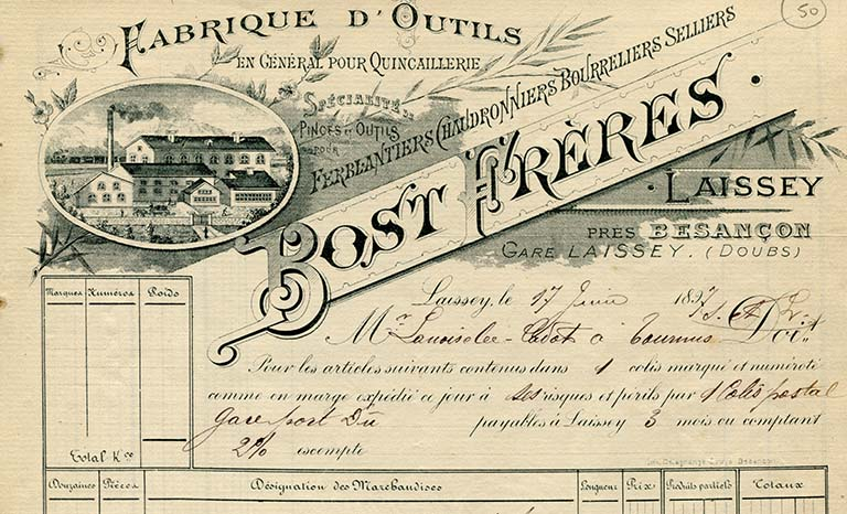 Papier à en-tête Fabrique d'outils Bost frères, s.d. [vers 1897]. © Jérôme Mongreville / Région Bourgogne-Franche-Comté, Inventaire du patrimoine - 2014