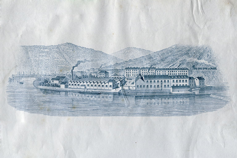 Vue cavalière depuis le sud, gravure, s.d. [fin 19e siècle ou début 20e siècle]. © Jérôme Mongreville / Région Bourgogne-Franche-Comté, Inventaire du patrimoine - 2014