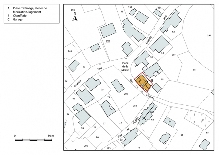 Plan-masse et de situation, extrait du plan cadastral, 2014, section AB. © Mathias Papigny / Région Bourgogne-Franche-Comté, Inventaire du patrimoine - 2014