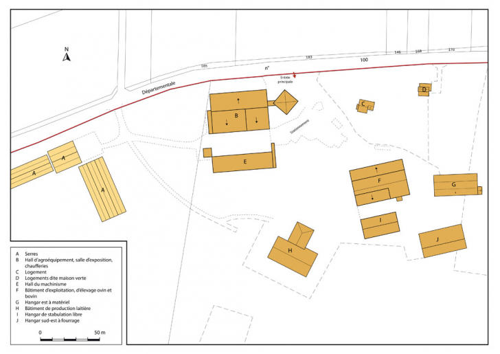 Plan-masse et de situation. Extrait du plan cadastral numérisé, section ZP, échelle 1:1000. © Mathias Papigny / Région Bourgogne-Franche-Comté, Inventaire du patrimoine - 2014