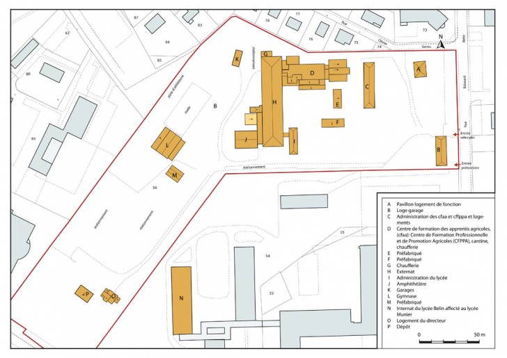 Plan-masse et de situation. Extrait du plan cadastral numérisé, section BI, échelle 1:1000. © Mathias Papigny / Région Bourgogne-Franche-Comté, Inventaire du patrimoine - 2014