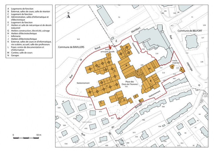 Plan-masse et de situation. Extrait du plan cadastral numérisé, section AD, échelle 1:1000. © Mathias Papigny / Région Bourgogne-Franche-Comté, Inventaire du patrimoine - 2014