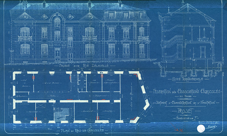 Fédération des Associations agricoles du Doubs. Bâtiment d'administration et d'habitation. Projet. Plan du rez-de-chaussée, Coupe transversale [et] Façade sur rue Delavelle, 22 août 1913. © Laurent Poupard / Région Bourgogne-Franche-Comté, Inventaire du patrimoine - 2015