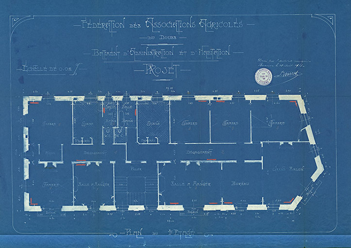 Fédération des Associations agricoles du Doubs. Bâtiment d'administration et d'habitation. Projet. Plan du 1er étage, 18 août 1913. © Laurent Poupard / Région Bourgogne-Franche-Comté, Inventaire du patrimoine - 2015 Fédération des Associations agricoles du Doubs. Bâtiment d'administration et d'habitation. Projet. Plan du 1er étage, 18 août 1913. © Laurent Poupard / Région Bourgogne-Franche-Comté, Inventaire du patrimoine - 2015