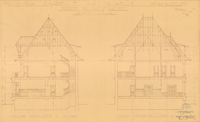Monsieur Carrel F., rue Delavelle à Besançon. Projet de construction d'une villa. Coupe parallèle à la rue [et] Coupe perpendiculaire à la rue, 1928. © Laurent Poupard / Région Bourgogne-Franche-Comté, Inventaire du patrimoine - 2015