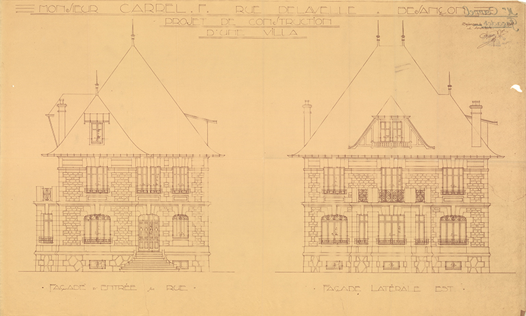 Monsieur Carrel F., rue Delavelle à Besançon. Projet de construction d'une villa. Façade d'entrée sur rue [et] Façade latérale est, 1928. © Laurent Poupard / Région Bourgogne-Franche-Comté, Inventaire du patrimoine - 2015