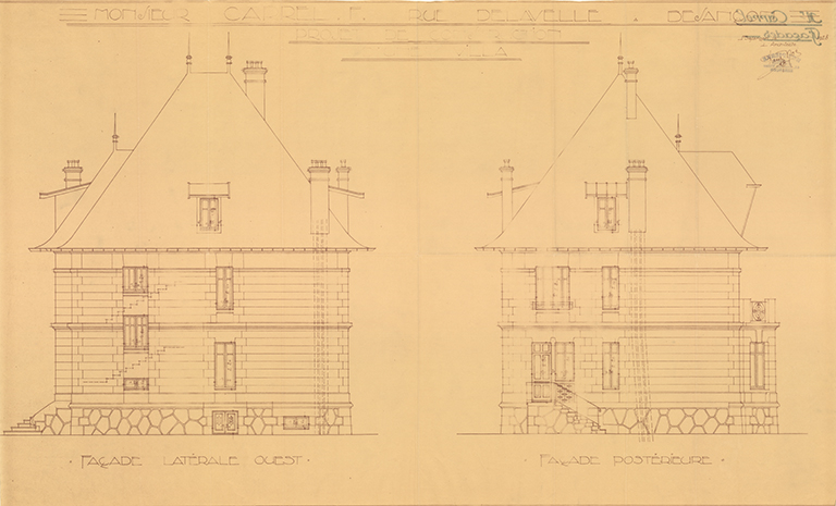 Monsieur Carrel F., rue Delavelle à Besançon. Projet de construction d'une villa. Façade latérale ouest [et] Façade postérieure, 1928. © Laurent Poupard / Région Bourgogne-Franche-Comté, Inventaire du patrimoine - 2015