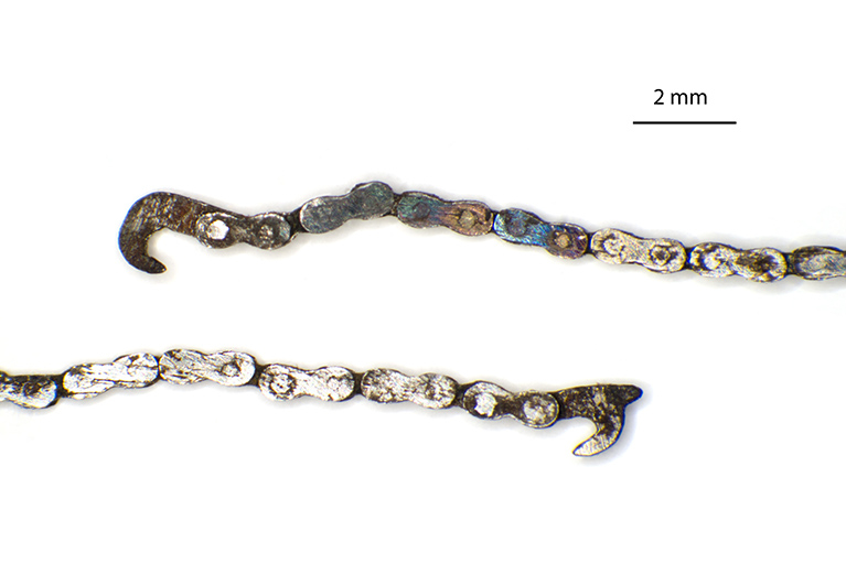 Chaîne de fusée en acier : crochet de la fusée en haut, du barillet en bas. © Sonia Dourlot / Région Bourgogne-Franche-Comté, Inventaire du patrimoine - 2015