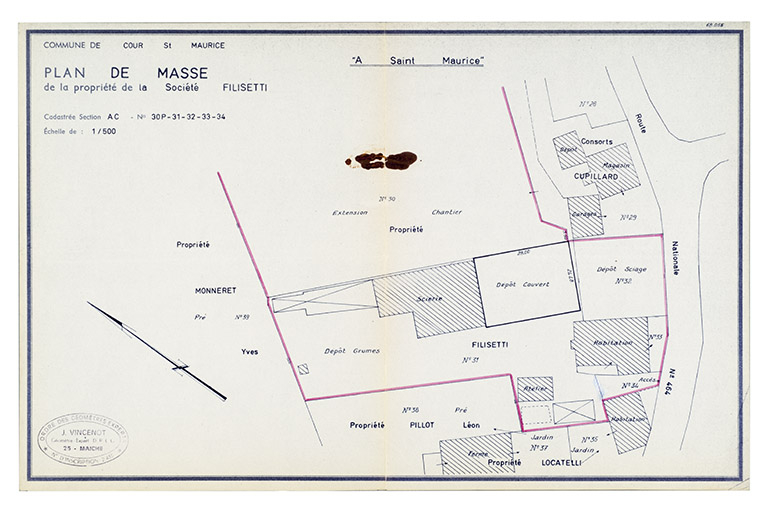 Commune de Cour St Maurice. Plan de masse de la propriété de la société Filisetti, 1968. © Sonia Dourlot / Région Bourgogne-Franche-Comté, Inventaire du patrimoine - 2015