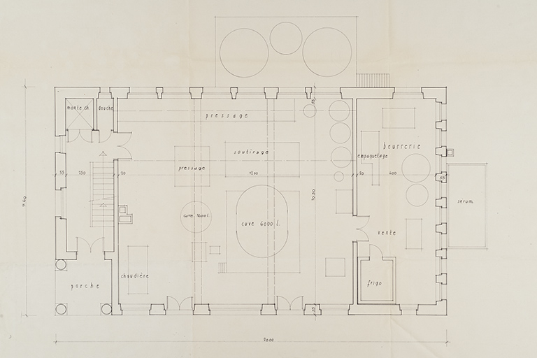 Société coopérative de fromagerie [de] Trévillers. Extension du bâtiment fromagerie. 2235-1. État actuel [détail : plan du rez-de-chaussée], mars 1986. © Sonia Dourlot / Région Bourgogne-Franche-Comté, Inventaire du patrimoine - 2015