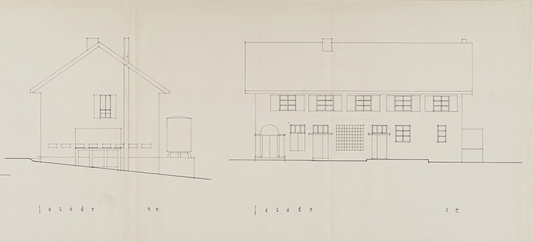 Société coopérative de fromagerie [de] Trévillers. Extension du bâtiment fromagerie. 2235-1. État actuel [détail : façades nord-est et sud-est], mars 1986. © Sonia Dourlot / Région Bourgogne-Franche-Comté, Inventaire du patrimoine - 2015