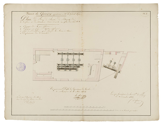 Usines de Quingey [...]. Plan du rez-de-chaussée du bâtiment de la tréfilerie et du martinet [...], 1822. © Sonia Dourlot / Région Bourgogne-Franche-Comté, Inventaire du patrimoine - 2015